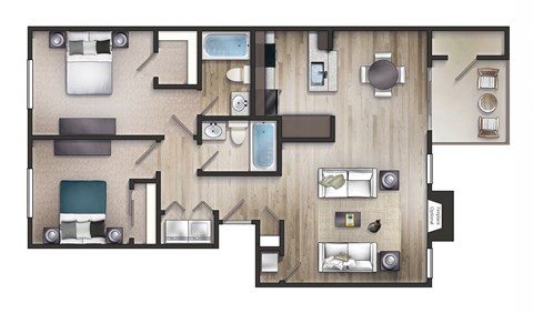 986 Square-Feet Two Bedroom, Two Bath Barton Floorplan at The Metropolitan in Lexington, KY